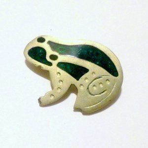 Vintage Alpaca Mexico Silver Enamel Inlaid Frog Brooch